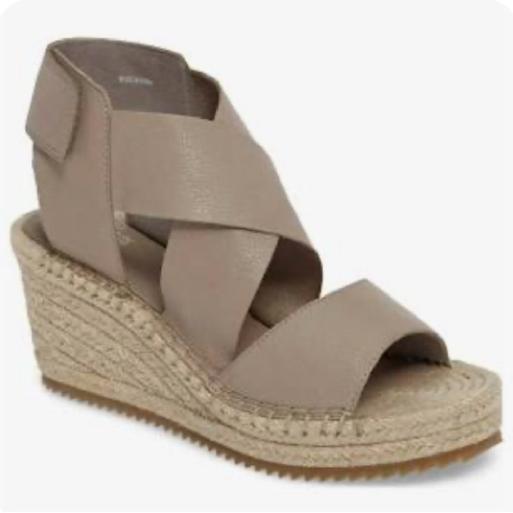 Eileen Fisher Willow 7 Gold Metallic Leather Suede Wedge Espadrilles  Sandals